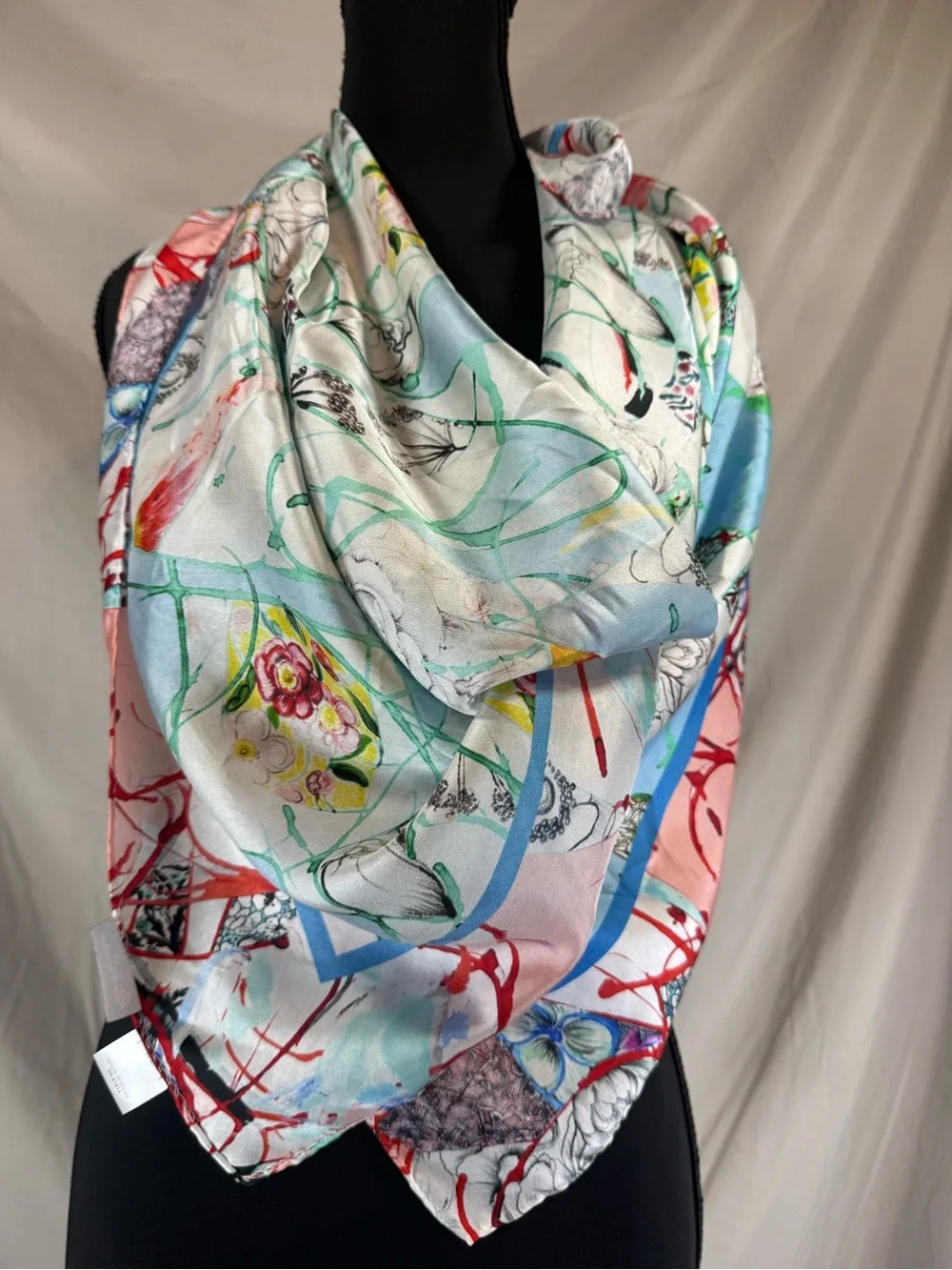 Robert Graham Watercolor Abstract Silk Scarf Blue/White/Red - Large